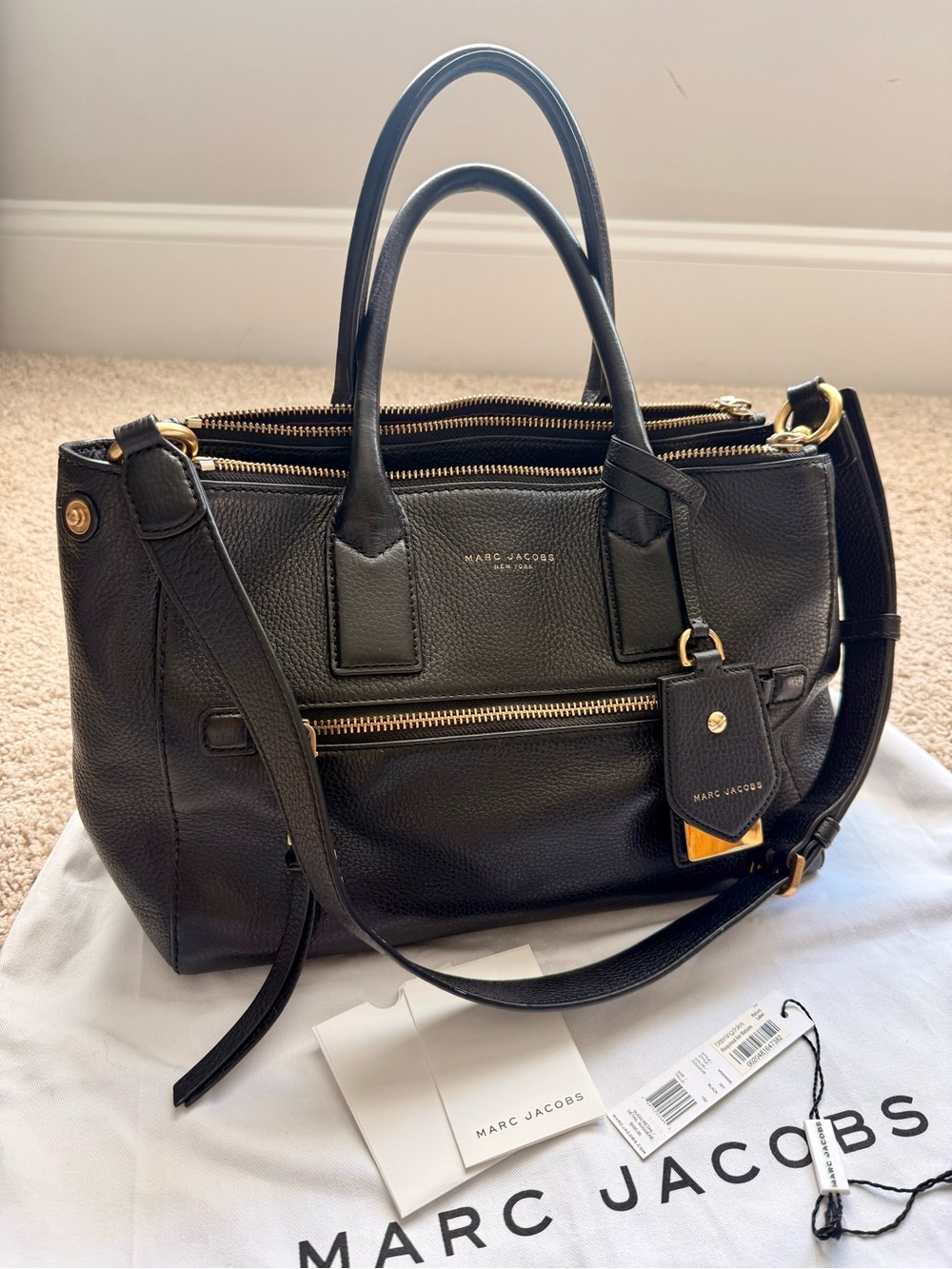 Marc Jacobs Pebbled Black Leather Satchel with Gold Hardware